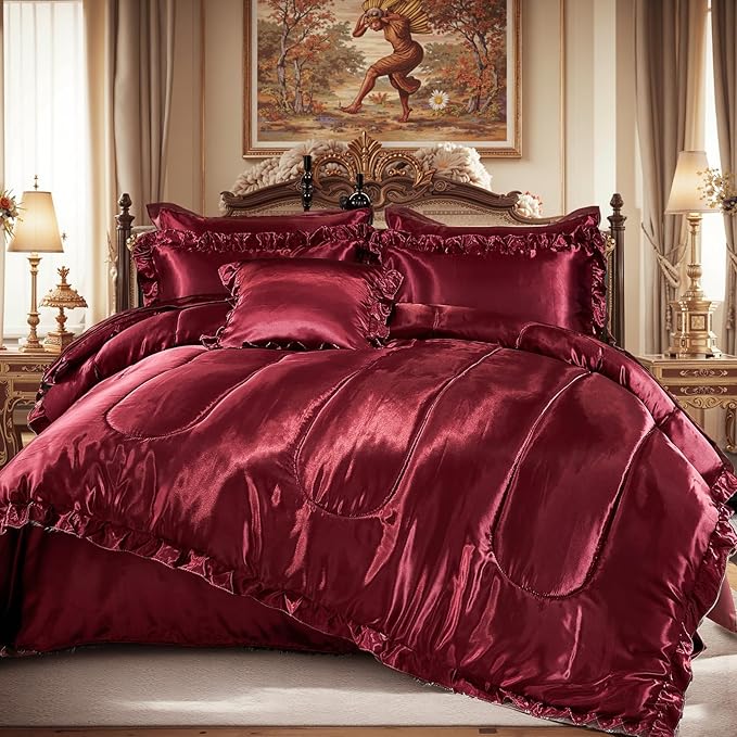Silk Like Satin Comforter Set with Sheet Set Queen 8 Pcs Burgundy Satin Bedding Set Silky Ruffle Pattern Home Deocr Luxury Hotel Silky Bed in a Bag with 1 Cushion Cover