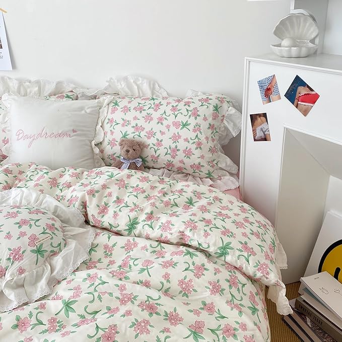 HighBuy White Lace Comforter Set Queen Pink Floral Bedding Set Ruffled Lace Comforter with 2 Ruffle Pillowcases Coquette Cottagecore Comforter Sets for Women Girls,Quilted,Cozy Soft