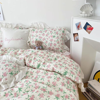 HighBuy Lace Ruffled Comforter Set Full Coquette Cottagecore White Pink Floral Bedding Comforter Cozy Soft with 2 Ruffle Pillowcases,Princess Quilted Comforters Fluffy Chic Skin Friendly