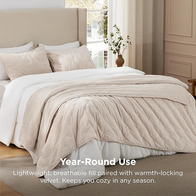 Bedsure Velvet Fleece Comforter Set Queen, Beige Lightweight Quilted Bedding Set, Soft Warm Blanket for All Season, 3 Pieces, 1 Comforter (90" x 90") and 2 Pillow Shams (20" x 26")