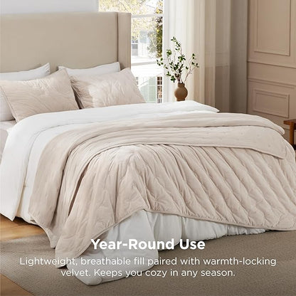 Bedsure Velvet Fleece Comforter Set Queen, Beige Lightweight Quilted Bedding Set, Soft Warm Blanket for All Season, 3 Pieces, 1 Comforter (90" x 90") and 2 Pillow Shams (20" x 26")