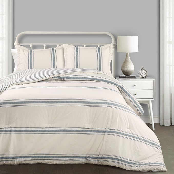 Lush Decor Farmhouse Stripe Reversible Cotton Comforter Set, 3 Piece Set, Full/ Queen, Blue - Cozy F𝐚rmhouse Bedding Set - Rustic Decor - Striped Comforter - Modern Farmho𝐮se Bedroom Decor