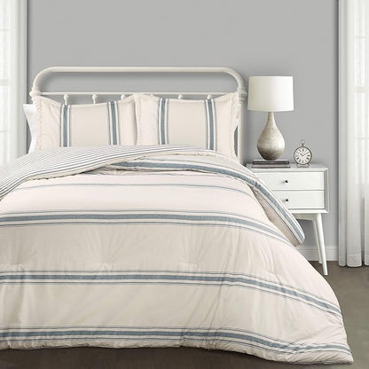 Lush Decor Farmhouse King Size Comforter Set, Reversible Cotton, 3 Piece Set, California King, Blue - Cozy Bedding - Rustic Decor - Modern Farmhouse Bedroom Decor