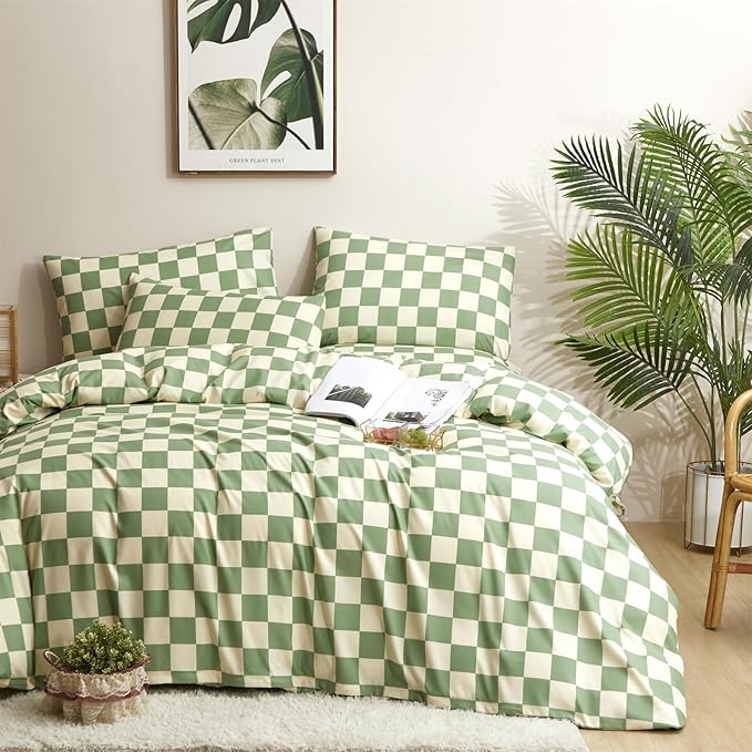 Houseri Green and White Plaid Comforter Set California King Sage Green Buffalo Checkered Bedding Comforter Sets Cal King Light Green Beige Grid Comforters California King Size Checkerboard Bedding Set