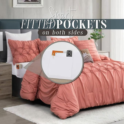 Elegant Comfort 12-Piece Bed-in-a-Bag, Ella Pleated Ruched Pintuck Comforter Set, 6-Piece Sheet Set Featuring Smart Pockets, Matching Decorative Pillows, All Season Bedding,California King, Dusty Rose