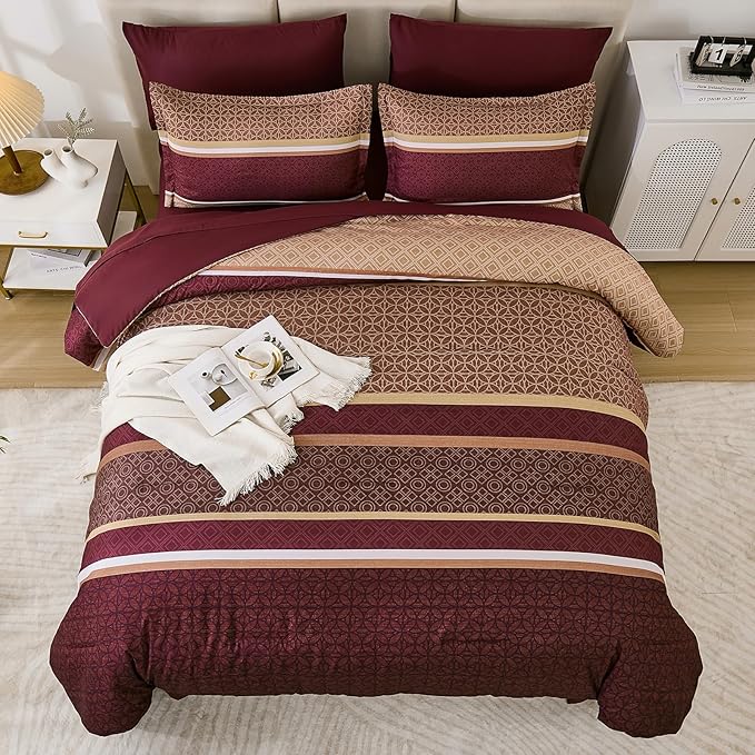 WONGS BEDDING Burgundy Comforter Set King Size,7 Pieces Maroon Striped Bed in a Bag Comforter and Sheet Set,Patchwork Soft Lightweight Micorfiber Bedding Set for All Seaon (90"×104")