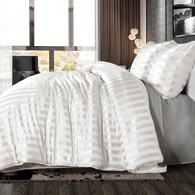 Whale Flotilla 3-Piece Reversible Silky Soft King Size Comforter Set, Luxury Stripe Satin Oversized Comforter Bedding Set with 2 Satin Pillowcases, Lightweight Duvet for All Seasons, White