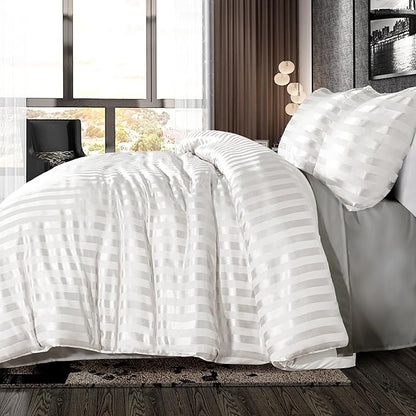 Whale Flotilla 3-Piece Reversible Silky Soft King Size Comforter Set, Luxury Stripe Satin Oversized Comforter Bedding Set with 2 Satin Pillowcases, Lightweight Duvet for All Seasons, White