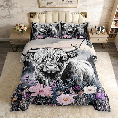 Erosebridal Highland Cow Flower Comforter Set King Size Bull Cattle Bedding Set Western Funny Animal Duvet Stuffing Wildlife Farmhouse Cow Bed Quilt Mountain with Firforest Bedroom Decor