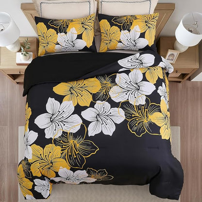 Menghomeus Queen Comforter Set Black/Gold Floral Bedding Comforter Sets Soft Microfiber Bed Comforter Set for All Season, 3 Piece Botanical Flowers Comforter, Pillowcases