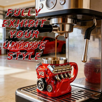 V8 Engine Coffee Mug, V8 Coffee Mug for Car Enthusiast, V8 Engine Mug Stainless Steel Cup Creative Design Decoration (Red)