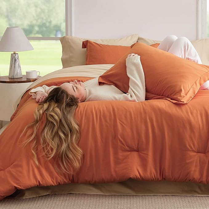 Bedsure Full Size Comforter Set - 7 Pieces Burnt Orange Full Bedding Set for All Seasons, Boho Contrasting Design Bed in a Bag with Comforter, Sheets, Pillowcases & Shams