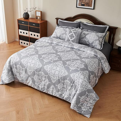 EVENHUG King Comforter Set 7 Pieces Lightweight Soft Queen Size Comforters for All Season Floral Bedding Sets Bed in a Bag with Flat Sheet and Fitted Sheet Pillowcases (104"x90")