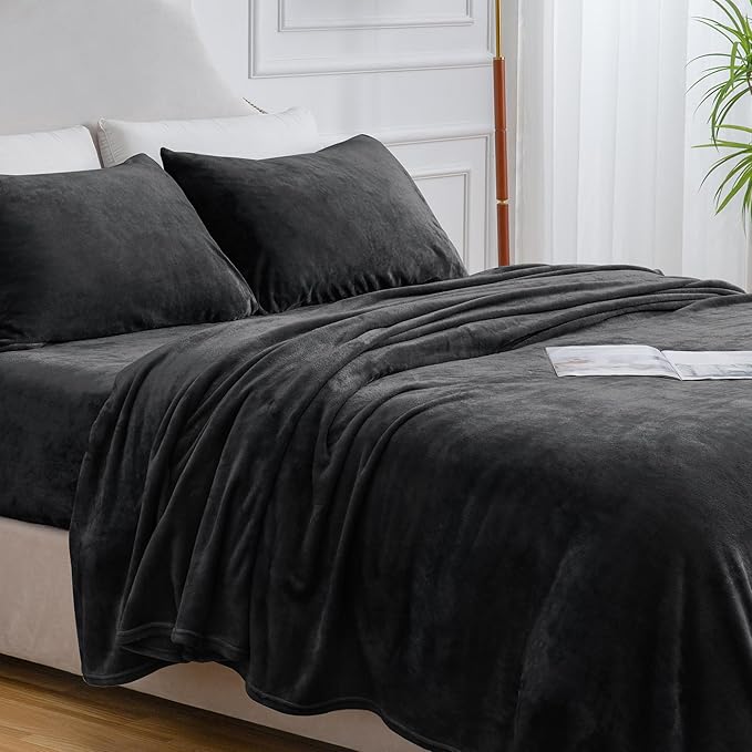 BEDELITE Flannel Sheets King Size Black - Super Soft Fleece Sheets Set Fluffy Extra Plush, 4 Piece(Include Fitted Sheet, Flat Sheet, 2 Pillowcases)