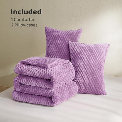 Petrichor Fluffy King Comforter Set - Ultra-Soft Lavender Flannel Thick Comforter for King Bed, Luxury Warm Bedding Set for Winter & Fall, Cozy Fuzzy Bed Set 3 Pieces (1 Comforter & 2 Pillowcases)