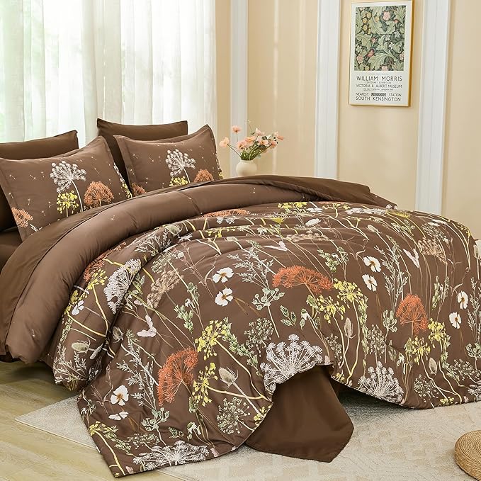 Yiran Brown Comforter Set King Size, 7 Piece Floral Dandelion Comforter Bedding Set, Botanical Bed in a Bag King, Soft Microfiber Complete Bedding Set with Sheets for All Season