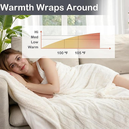 Electric Heated Blanket Throw Size 50"x60", Fast Heating Throw, Plush Faux Fur for Sofa & Office,4 Heating Levels & 10 Hours Auto Off, Machine Washable, Gifts for Family-Striped White