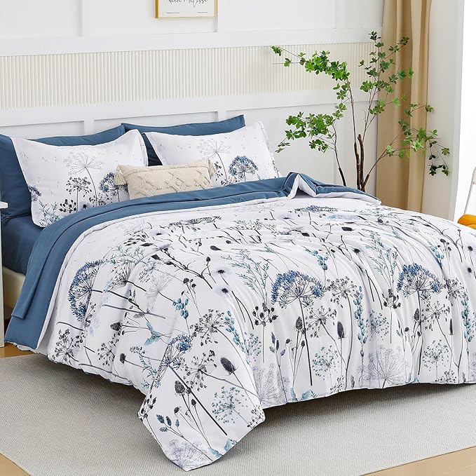 Yiran 7 Piece Blue Dandelion Botanical Comforter Set Queen Size, Floral Plant Comforter Bedding Set, Bed in a Bag Queen, Soft Microfiber Complete Bedding Set with Sheets for All Season