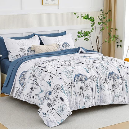 Yiran 7 Piece Blue Dandelion Botanical Comforter Set Queen Size, Floral Plant Comforter Bedding Set, Bed in a Bag Queen, Soft Microfiber Complete Bedding Set with Sheets for All Season