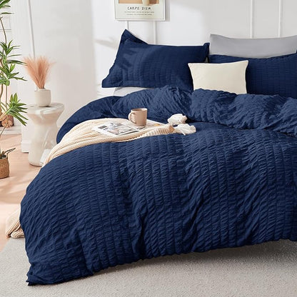 HYMOKEGE Navy Blue/Light Grey Twin Comforter Set Seersucker 5 Pieces, All Season Luxury Bed in a Bag for Bedroom, Bedding Set with Comforter, Sheets, Pillowcase & Sham