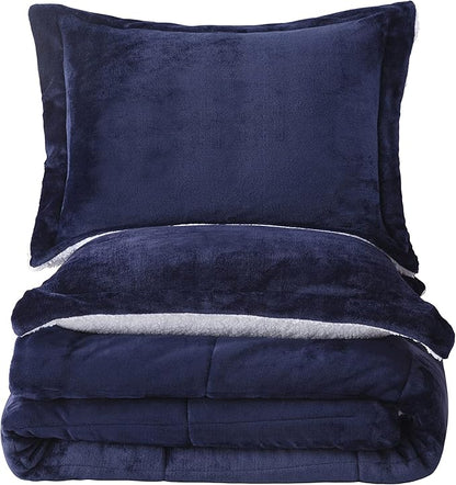Seward Park Navy Blue Sherpa Comforter Set Full Queen Size, All Season Soft Warm Fleece Fall Blanket, Winter Bedding Sets with 2 Pillow Shams