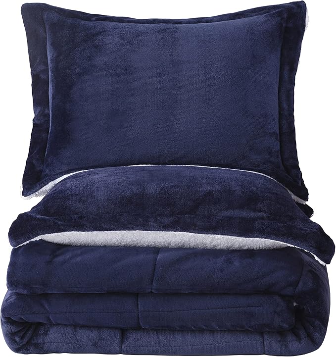 Seward Park Navy Blue Sherpa Comforter Set King Size, All Season Soft Warm Fleece Fall Blanket, Winter Bedding Sets with 2 Pillow Shams