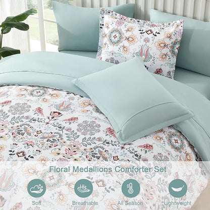 Boho Comforter Set King - 7 Pieces Bed in a Bag Floral Design, Bohemian Comforter Set with Sheets, Soft Microfiber Complete Bedding Sets All Season (Light Green, King)