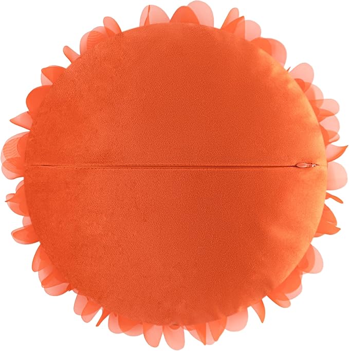 Hand-Stitched Round Decorative Flower Pillow Vibrant Orange 3D Sunflower Velvet Throw Pillow Cute Soft Floral Accent Cushion Boho Farmhouse Home Decor for Couch Bed Living Room Bedroom 14Inch