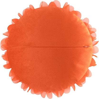 Hand-Stitched Round Decorative Flower Pillow Vibrant Orange 3D Sunflower Velvet Throw Pillow Cute Soft Floral Accent Cushion Boho Farmhouse Home Decor for Couch Bed Living Room Bedroom 14Inch