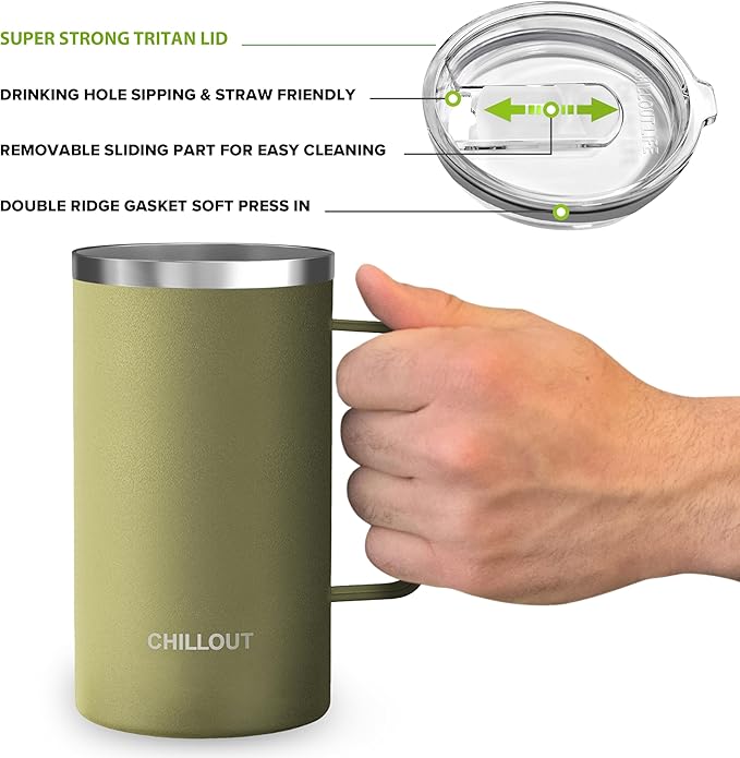 CHILLOUT LIFE Stainless Steel Vacuum Insulated Coffee Mug 20 oz (Set of 2) with Handle and Lid, Large Thermal Camping Coffee Mugs with Sliding Lid for Men & Women, Keeps Your Beverages Hot & Cold