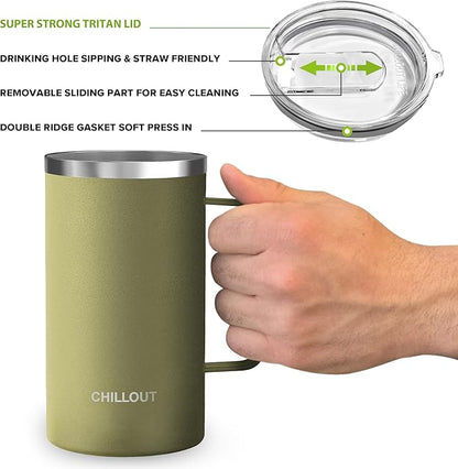 CHILLOUT LIFE Stainless Steel Vacuum Insulated Coffee Mug 20 oz (Set of 2) with Handle and Lid, Large Thermal Camping Coffee Mugs with Sliding Lid for Men & Women, Keeps Your Beverages Hot & Cold
