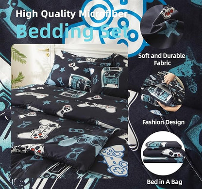 SDY 7PCS Game Console Comforter Set Queen，Cute Soft Microfiber Gamer Bedding Sets for Toddlers, Gaming Bedding with Comforter, Flat Sheet, Fitted Sheet and Pillowcases & Shams