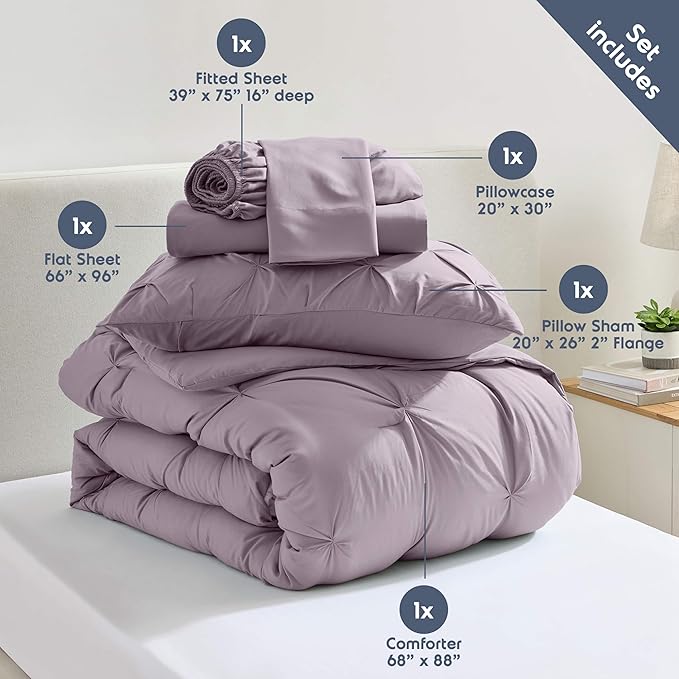 Nestl Twin Comforter Set 5 Piece - Pintuck Twin Bedding Set Grayish Purple, College Dorm Essentials for Girls and Boys Bed in a Bag Twin All Season, Twin Comforter Set with Sheets, Pillowcase and Sham