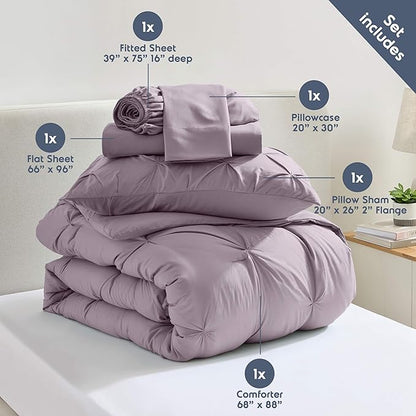 Nestl Twin Comforter Set 5 Piece - Pintuck Twin Bedding Set Grayish Purple, College Dorm Essentials for Girls and Boys Bed in a Bag Twin All Season, Twin Comforter Set with Sheets, Pillowcase and Sham