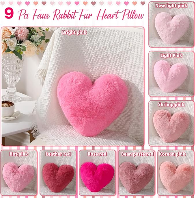 9 Pcs Pink Series Heart Pillow Faux Rabbit Fur Fluffy Love Heart Throw Pillows Cute Decorative Soft Throw Cushion Gift for Women Couch Bed Sofa Chair Home 11 in