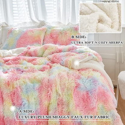 Joyreap 3-Piece Plush Shaggy Comforter Set, King Size Luxury Faux Fur Sherpa Reversible Bedding Comforter Set, Ultra Cozy Warm Fluffy Bedding Set for Winter (Rainbow, 100x88 inches)