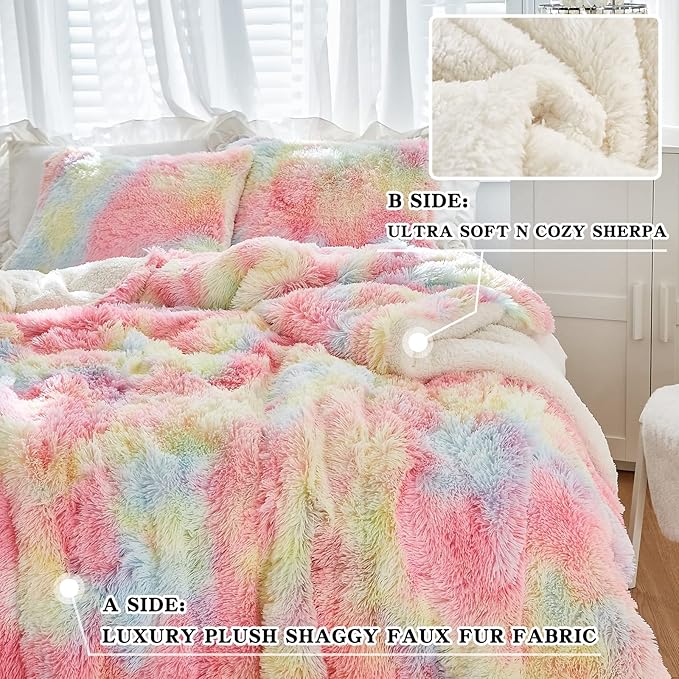 Joyreap 3-Piece Plush Shaggy Comforter Set, Full/Queen Size Luxury Faux Fur Sherpa Reversible Bedding Comforter Set, Ultra Cozy Warm Fluffy Bedding Set for Winter (Rainbow, 88x88 inches)