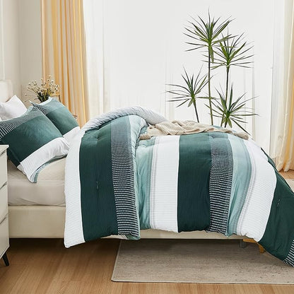 Litanika Dark Emerald Green Bed Comforter Twin/Twin XL Set, 2 Pieces Twin Extra Long Size Boys Men Forest Bedding Set, Single Colorblock Striped Bed Set
