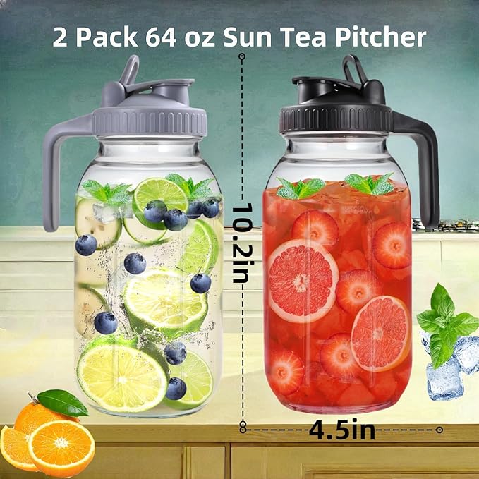 2 Pack 64 oz Glass Pitcher With Lid, Mason Jar Pitcher, 2 Quart Breast Milk Pitcher Jug with Flip Cap Leak Proof, Glass Sun Tea Jar for Ice Tea, Cold Brew Coffee, Breast Juices