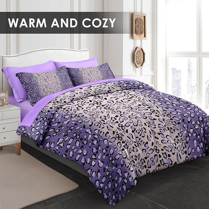 Comforter Set Twin Size, Leopard Colorful Plain Purple 5 Pcs Bedding for Kids and Adults, Gold Geometric Tiger Bed Sheet Sets with Fitted Sheet Pillowcase & Sham for Bedroom Bed Decor