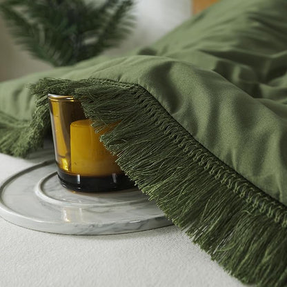 Andency Olive Green Comforter Set Queen, 3 Pieces Boho Tassel Lightweight Bedding Comforter Sets, All Season Soft Fluffy Fringe Bed Set (90x90In Comforter & 2 Pillowcases)