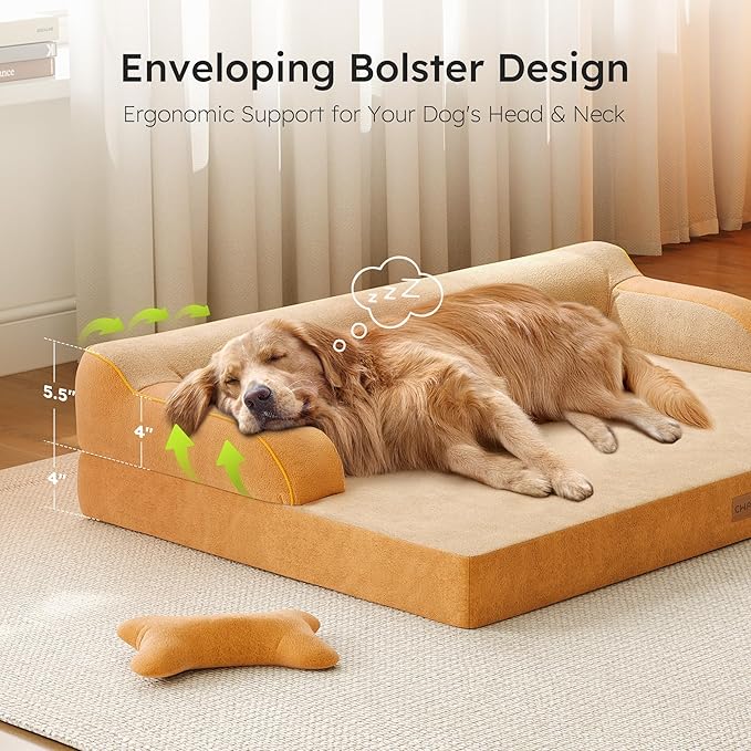 XXL Orthopedic Dog Bed, Big Dog Bed for Large Dogs, Dual-Sided Pet Cooling Beds with Memory Foam Washable Cover Nonslip Bottom, Waterproof Pet Couch with Bolsters, Brown