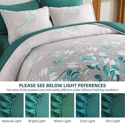 Anibedding Teal Green Floral Comforter Set Queen, 7 Piece Green Botanical Gradient Leaves Ultra Soft Microfiber Down Alternative Bedding Set with Sheets and Bedroom for All Season