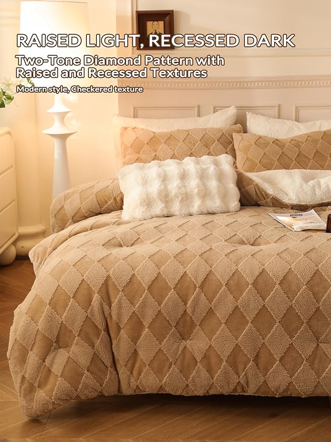 Tufted Fleece Comforter Set King - Super Soft Warm Fluffy Shaggy Bedding Sets, Diamond Plaid Jacquard Bed Set for Winter, 1 Sherpa Comforter with 2 Pillow Cases (104"X90" Beige)