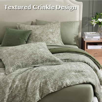 MaiRêve Queen Comforter Set Olive Green, Crinkle Textured Design Bedding Set 7 Pieces Bed in A Bag, All Season Farmhouse Comforter Set with Sheets, Pillowcases & Shams