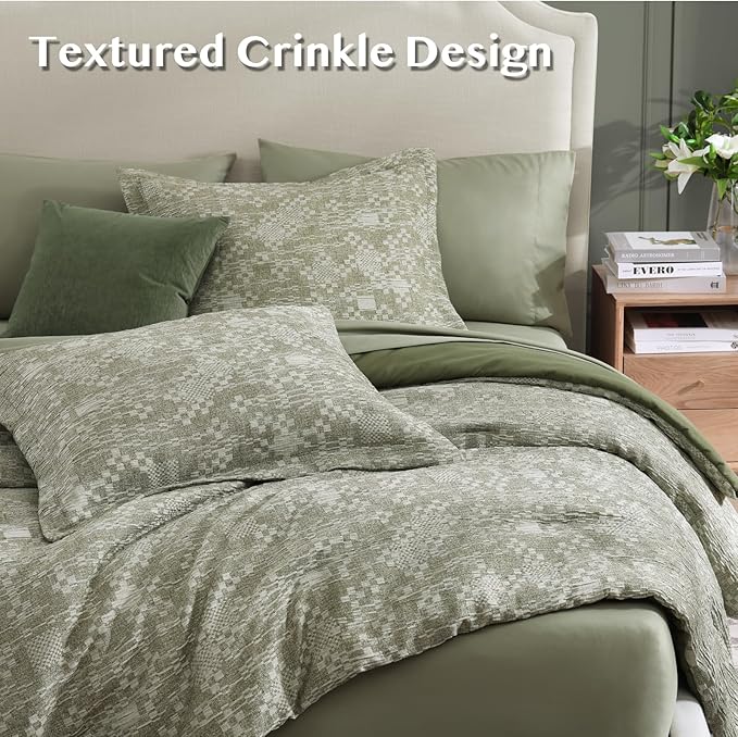 MaiRêve Full Size Comforter Set Olive Green, Crinkle Textured Design Bedding Set 7 Pieces Bed in A Bag, All Season Farmhouse Comforter Set with Sheets, Pillowcases & Shams