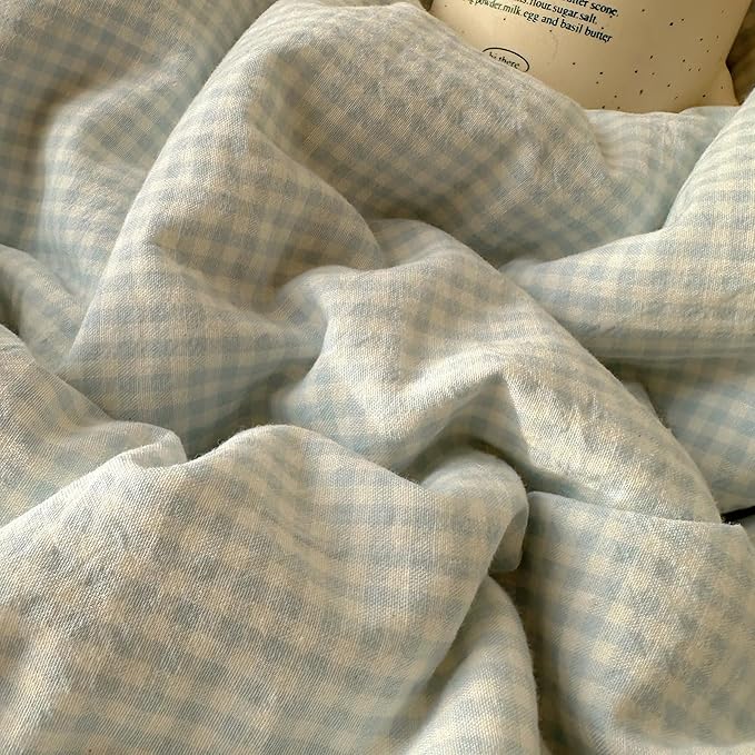 HighBuy Blue Gingham Comforter Set Full,Vintage Chic Plaid Grid Printed Bedding Comforter with 2 Pillowcases,Lace Ruffled Grid Comforters Fluffy Soft Checkered Comforter Set Plaid Bedding Sets