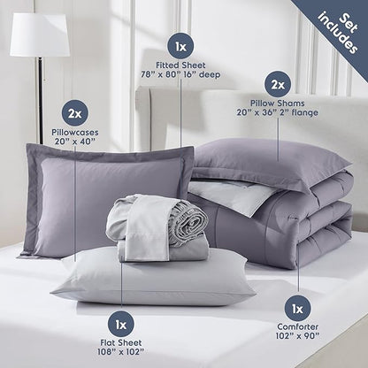 Nestl 7 Piece King Comforter Set – Grayish Purple Reversible Bed in a Bag – Complete King Size Bedding Set with Sheets, Pillowcases and Shams