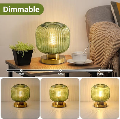 Mid Century Green Table Lamp: Vintage Ribbed Globe Pumpkin Glass Dimmable Plug in Small Bedside Lamps - Cute Brass Gold Modern Side Table Lamp Nightstand Light for Bedroom Entryway Desk Living Room