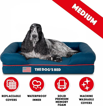 The Dog’s Bed Orthopedic Memory Foam Dog Bed with Bolsters, Oxford Fabric, Blue with Dark Red Trim, M